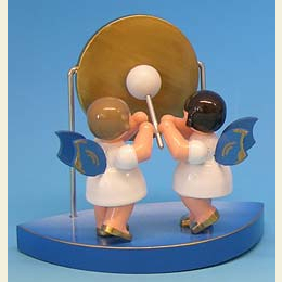 2 Engel am gro�en Gong passend zu geschwungenen Wolken  -  Blaue Fl�gel  -  stehend  -  6cm